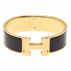Hermes Clic Clac H Wide Enamel Black Gold-Plated Bracelet For Women