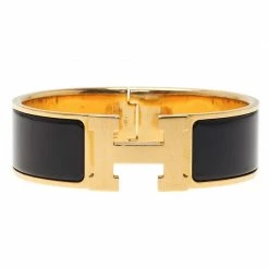 Hermes Clic Clac H Wide Enamel Black Gold-Plated Bracelet For Women -Deals Hermes Store luxury women hermes used accessories p41045 0003