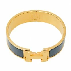 Hermes Hermès Clic Clac H Grey Enamel Gold Plated Wide Bracelet PM For Women -Deals Hermes Store luxury women hermes used accessories p411387 002