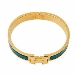 Hermes Hermès Clic H Green Enamel Gold Plated Narrow Bracelet PM For Women -Deals Hermes Store luxury women hermes used accessories p411423 002