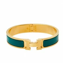 Hermes Hermès Clic H Green Enamel Gold Plated Narrow Bracelet PM For Women