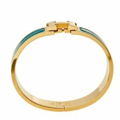 Hermes Hermès Clic H Green Enamel Gold Plated Narrow Bracelet PM For Women -Deals Hermes Store luxury women hermes used accessories p411423 005
