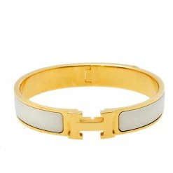 Hermes Gold Plated Nacre Enamel Clic H Narrow Bracelet PM For Women