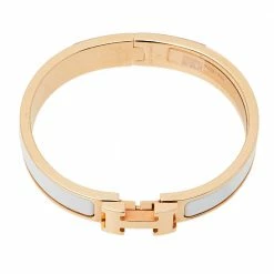 Hermes Rose Gold Plated White Enamel Clic H Narrow Bracelet PM For Women -Deals Hermes Store luxury women hermes used accessories p413917 002
