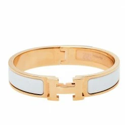 Hermes Rose Gold Plated White Enamel Clic H Narrow Bracelet PM For Women