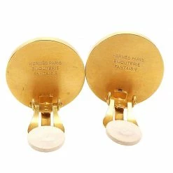 Hermes Hermès Mother Of Pearl Inlay Gold Plated Round Clip-on Stud Earrings For Women -Deals Hermes Store luxury women hermes used accessories p41459 004