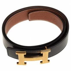 Hermes Black/Gold Box Calf And Togo Leather Groove H Buckle Reversible Belt 80CM For Women -Deals Hermes Store luxury women hermes used accessories p415169 002