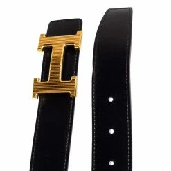 Hermes Black/Gold Box Calf And Togo Leather Groove H Buckle Reversible Belt 80CM For Women -Deals Hermes Store luxury women hermes used accessories p415169 005