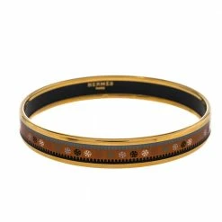 Hermes Hermès Orange Printed Enamel Gold Plated Bangle Bracelet For Women