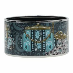 Hermes Extra Wide Printed Enamel Palladium Plated Bangle Bracelet For Women