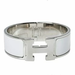 Hermes Hermès Clic Clac H White Enamel Palladium Plated Wide Bracelet PM For Women