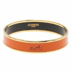 Hermes Caleche Wide Orange Enamel Palladium Plated Bracelet For Women