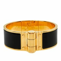 Hermes Charniere Gold Plated Black Enamel Uni Wide Hinged Bracelet S For Women