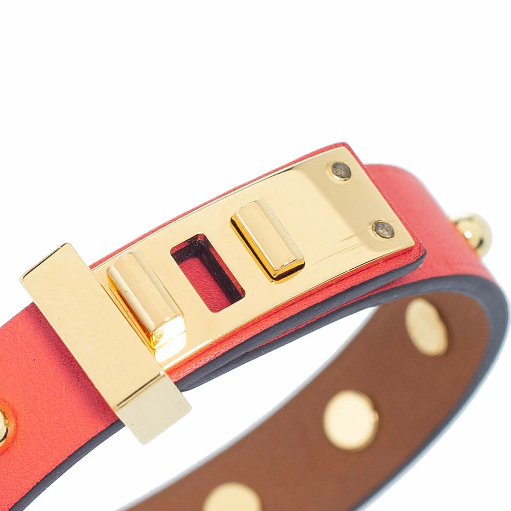 Hermes Orange Leather Gold Plated Mini Dog Clous Ronds Bracelet Size T2 For Women 5 Hermes Orange Leather Gold Plated Mini Dog Clous Ronds Bracelet Size T2 For Women - Image 3