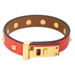 Hermes Orange Leather Gold Plated Mini Dog Clous Ronds Bracelet Size T2 For Women