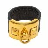 Hermes Collier De Chien Gold Plated And Black Leather Band Ring Size EU 61 For Women