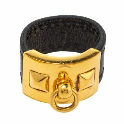 Hermes Collier De Chien Gold Plated And Black Leather Band Ring Size EU 61 For Women