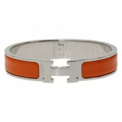 Hermes Clic Clac H Orange Enamel Palladium Plated Bracelet For Women -Deals Hermes Store luxury women hermes used accessories p43594 003