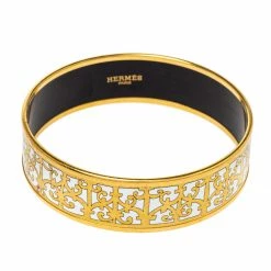 Hermes Balcons Du Guadalquivir White Enamel Gold Plated Bangle For Women -Deals Hermes Store luxury women hermes used accessories p437380 003