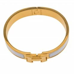 Hermes Clic H White Enamel Gold Plated Narrow Bracelet PM For Women -Deals Hermes Store luxury women hermes used accessories p440108 005