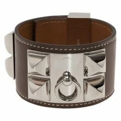 Hermes Hermès Collier De Chien Taupe Calfskin Leather Palladium Plated Cuff Bracelet For Women