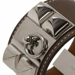 Hermes Hermès Collier De Chien Taupe Calfskin Leather Palladium Plated Cuff Bracelet For Women -Deals Hermes Store luxury women hermes used accessories p44567 003
