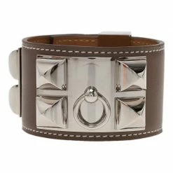 Hermes Hermès Collier De Chien Taupe Calfskin Leather Palladium Plated Cuff Bracelet For Women -Deals Hermes Store luxury women hermes used accessories p44567 005