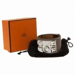 Hermes Hermès Collier De Chien Taupe Calfskin Leather Palladium Plated Cuff Bracelet For Women -Deals Hermes Store luxury women hermes used accessories p44567 008