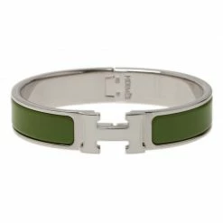 Hermes Clic Clac H Narrow Green Enamel Palladium-Plated White Enameled H Bracelet For Women