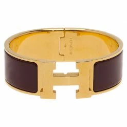 Hermes Clic Clac H Wide Burgundy Enamel Gold Plated Bracelet PM For Women
