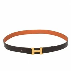Hermes Cacao/Orange Box Calf And Togo Leather Mini Constance Reversible Belt 90CM For Women