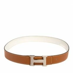 Hermes White/Natural Chamonix And Epsom Leather H Gris Moyen Reversible Belt 90CM For Women