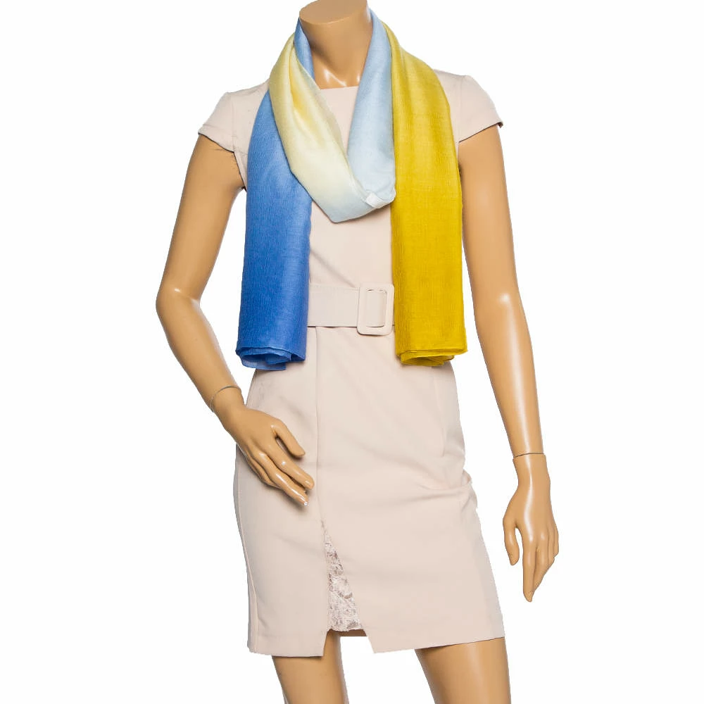 Hermes Yellow & Blue Plume Sunrise Cashmere Silk Stole For Women 4 Hermes Yellow & Blue Plume Sunrise Cashmere Silk Stole For Women - Image 2