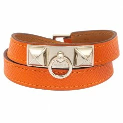 Hermes Hermès Orange Leather Palladium Plated Rivale Double Tour Bracelet M For Women