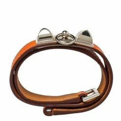 Hermes Hermès Orange Leather Palladium Plated Rivale Double Tour Bracelet M For Women -Deals Hermes Store luxury women hermes used accessories p451943 1623746081 005