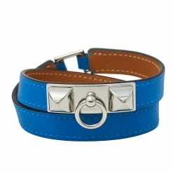Hermes Blue Izmir Tadelakt Leather Palladium Plated Rivale Double Tour Bracelet M For Women