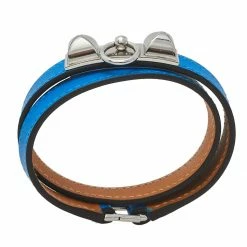 Hermes Blue Izmir Tadelakt Leather Palladium Plated Rivale Double Tour Bracelet M For Women -Deals Hermes Store luxury women hermes used accessories p451959 004