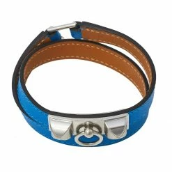 Hermes Blue Izmir Tadelakt Leather Palladium Plated Rivale Double Tour Bracelet M For Women -Deals Hermes Store luxury women hermes used accessories p451959 009