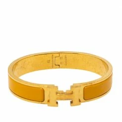 Hermes Hermès Clic H Yellow Enamel Gold Plated Narrow Bracelet PM For Women