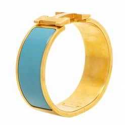 Hermes Hermès Clic Clac H Blue Enamel Gold Plated Wide Bracelet PM For Women -Deals Hermes Store luxury women hermes used accessories p452911 001