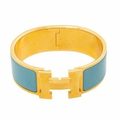 Hermes Hermès Clic Clac H Blue Enamel Gold Plated Wide Bracelet PM For Women -Deals Hermes Store luxury women hermes used accessories p452911 002