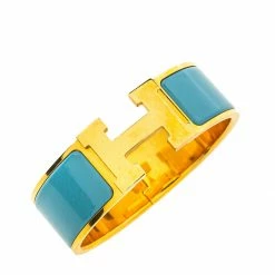 Hermes Hermès Clic Clac H Blue Enamel Gold Plated Wide Bracelet PM For Women -Deals Hermes Store luxury women hermes used accessories p452911 006