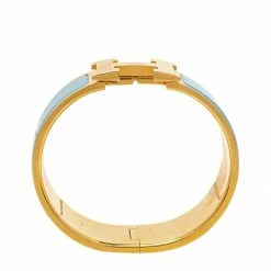 Hermes Hermès Clic Clac H Blue Enamel Gold Plated Wide Bracelet PM For Women -Deals Hermes Store luxury women hermes used accessories p452911 008