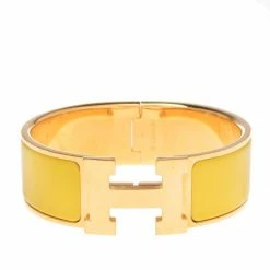 Hermes Hermès Clic Clac H Yellow Enamel Gold Plated Wide Bracelet PM For Women