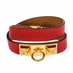 Hermes Rouge Casaque Epsom Leather Gold Plated Rivale Double Tour Bracelet S For Women