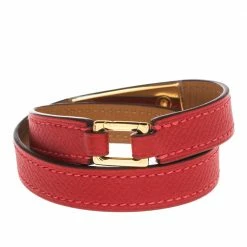 Hermes Rouge Casaque Epsom Leather Gold Plated Rivale Double Tour Bracelet S For Women -Deals Hermes Store luxury women hermes used accessories p456945 005