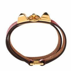 Hermes Rouge Casaque Epsom Leather Gold Plated Rivale Double Tour Bracelet S For Women -Deals Hermes Store luxury women hermes used accessories p456945 008