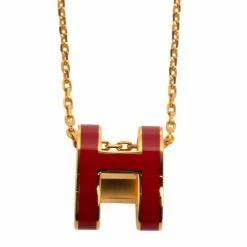 Hermes Red Lacquer Gold Plated Pop H Pendant Necklace For Women -Deals Hermes Store luxury women hermes used accessories p456952 004