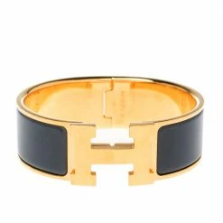 Hermes Clic Clac H Grey Enamel Gold Plated Wide Bracelet PM For Women