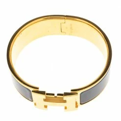 Hermes Clic Clac H Grey Enamel Gold Plated Wide Bracelet PM For Women -Deals Hermes Store luxury women hermes used accessories p456986 004